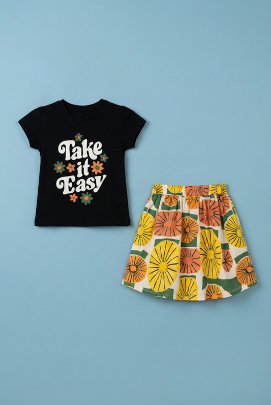Story Kids| Girls T-shirt and Skirt set | Black & Yellow