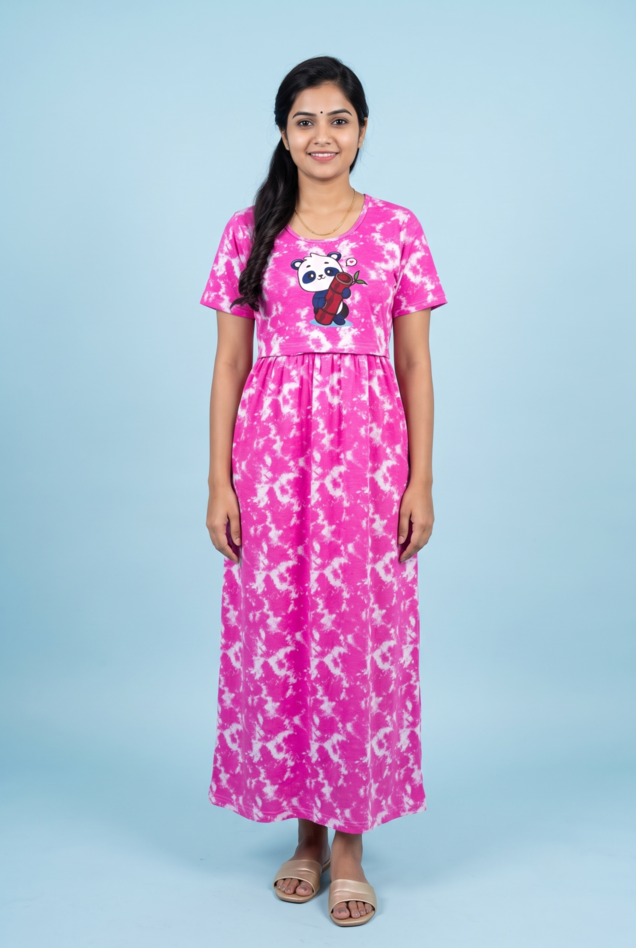 Zipless Feeding Maxi | Tye & Dye | Normal sleeve | Panda Sugarcane Print | Pink