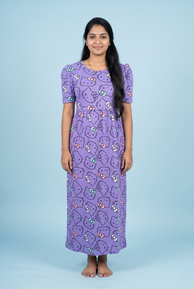 Zipless Feeding Maxi | Puff sleeve | Kitty Print | Violet