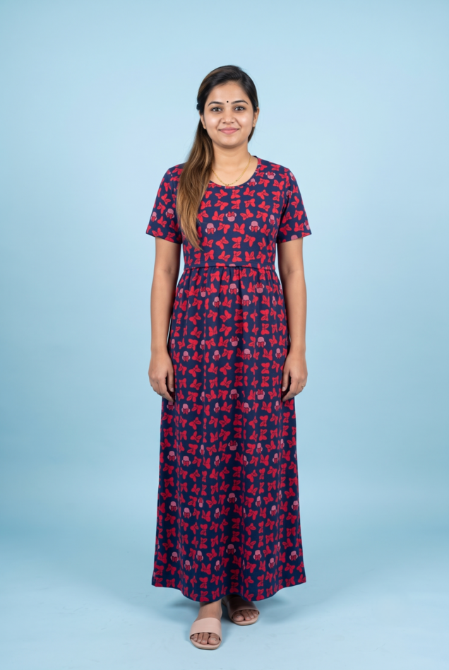 Zipless Feeding Maxi | Normal sleeve | Bow Print | Navy Blue