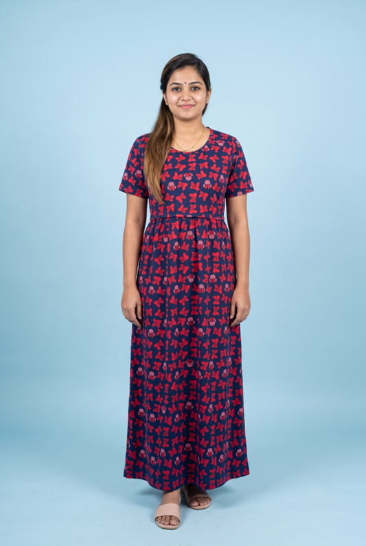 Zipless Feeding Maxi | Normal sleeve | Bow Print | Navy Blue