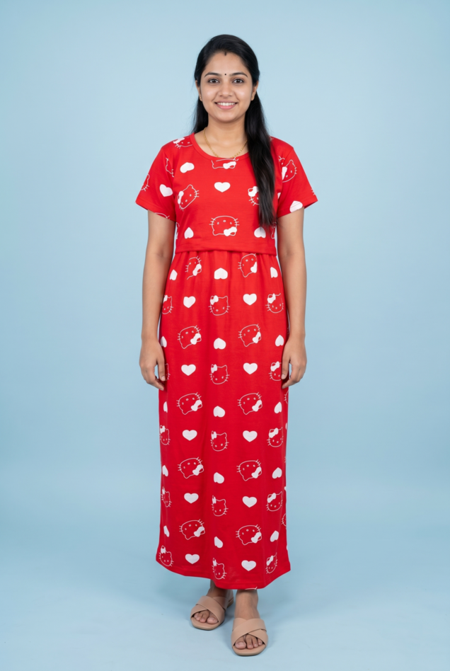 Zipless Feeding Maxi | Normal sleeve | Big Kitty & Heart Print | Red