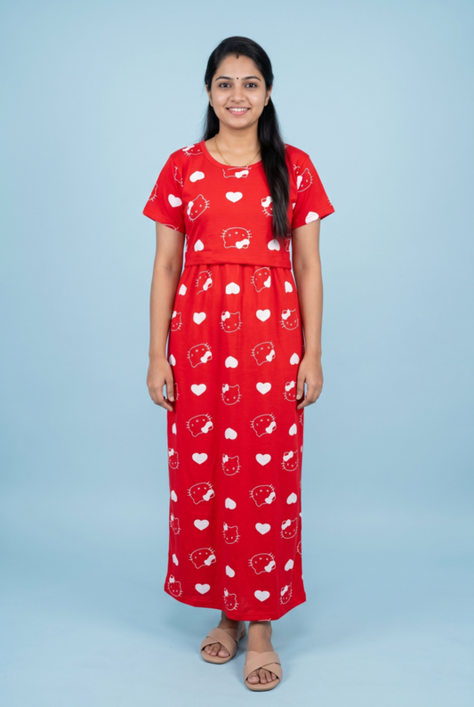 Zipless Feeding Maxi | Normal sleeve | Big Kitty & Heart Print | Red