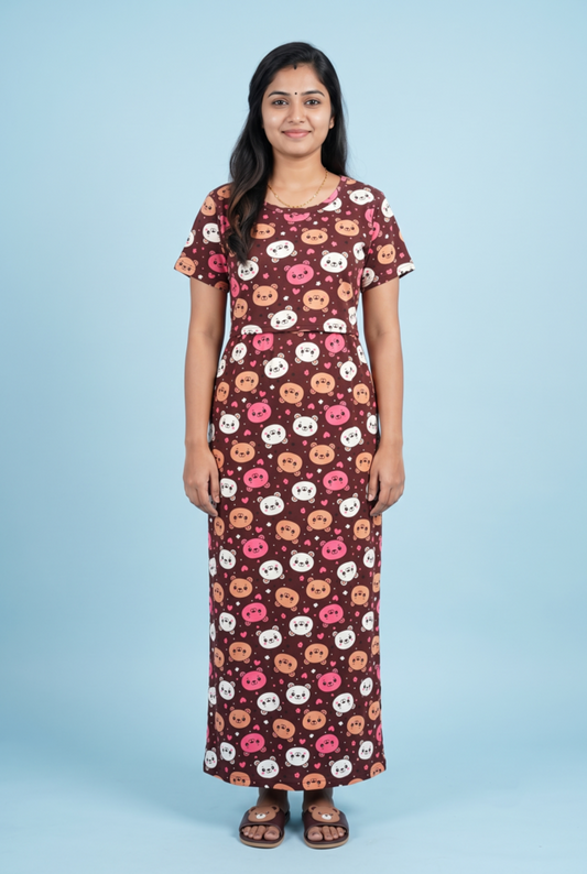 Zipless Feeding Maxi | Normal sleeve | Big Bear Face print | Marron