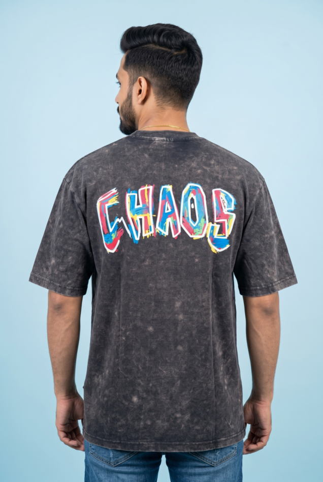 Round Neck - Drop shoulder | Acid Washed | Hand Printed "CHAOS"