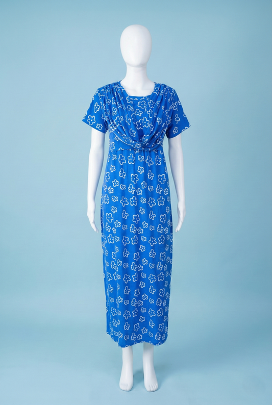 Zipless Shawl Type Feeding Maxi | Normal sleeve | Small Flower Print | Blue