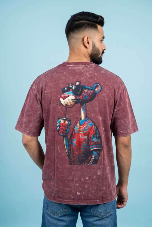 Round Neck - Drop shoulder | Acid Washed | Cool Panther Print