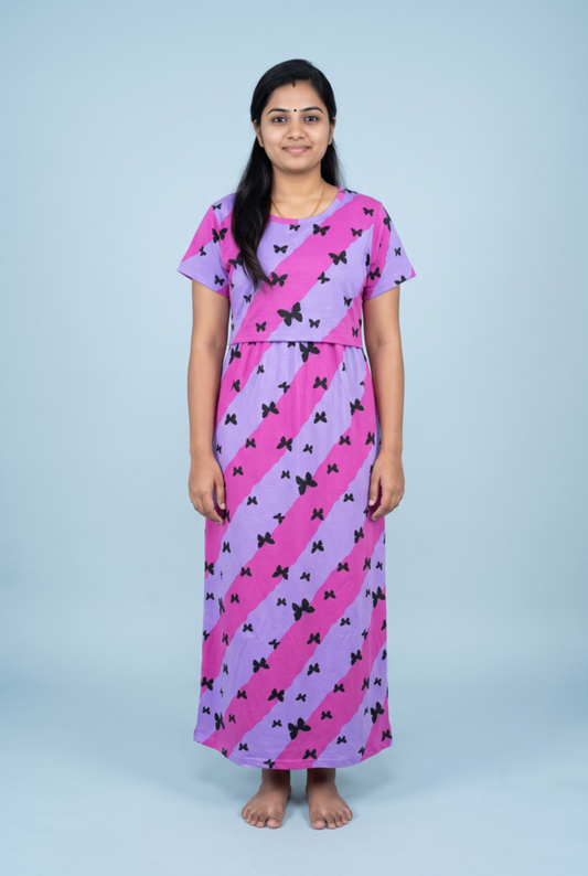 Zipless Feeding Maxi | Normal sleeve | Butterfly Flower| Dual shade Lavender & Pink