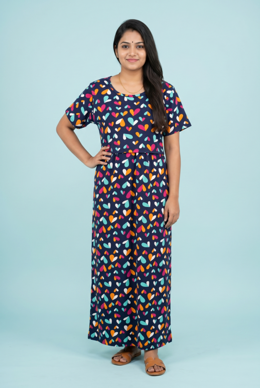 Zipless Feeding Maxi | Normal sleeve | Multi color Heart Print | Navy blue
