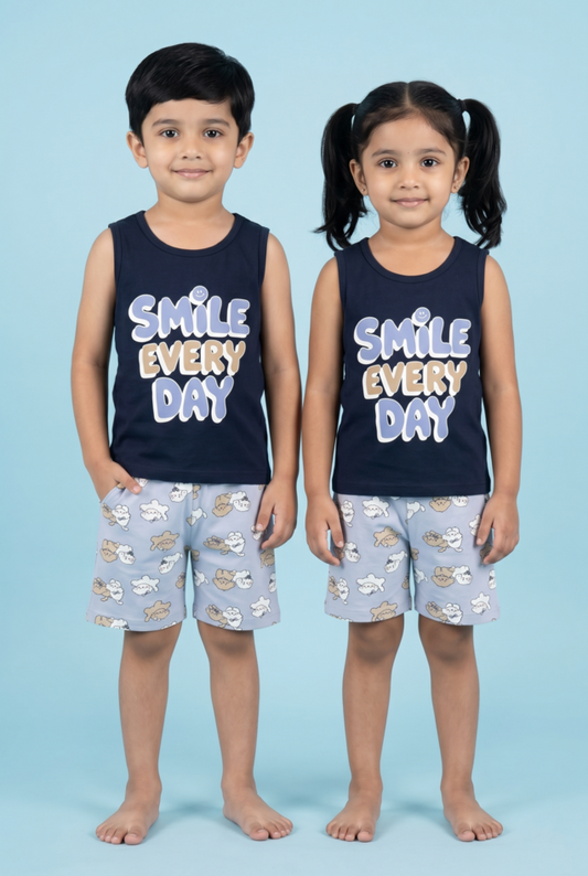 Story Kids | Unisex Sleeveless T-shirt and Shorts | Premium Quality | Black Smile(Text)