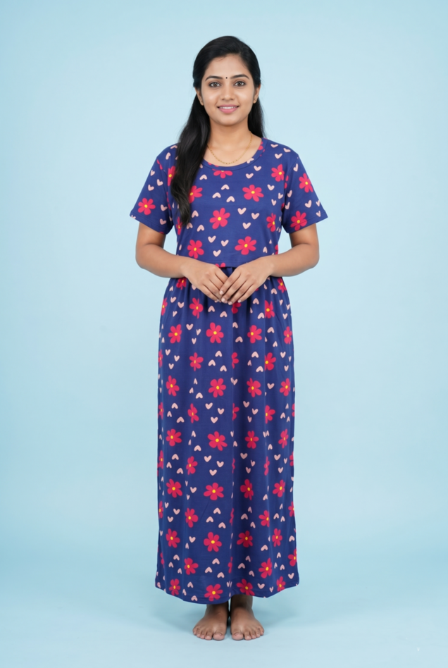Zipless Feeding Maxi | Normal sleeve | Flower Print | Navy Blue