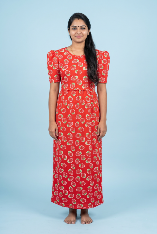 Zipless Feeding Maxi | Puff sleeve | Strawberry Print  | Red