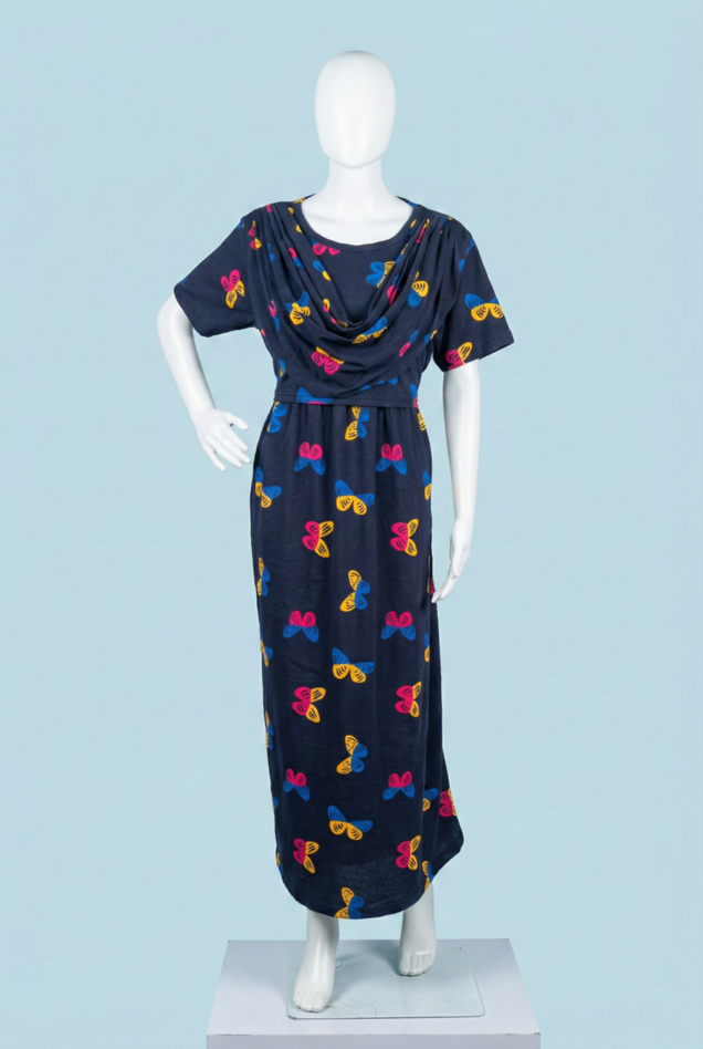 Zipless Shawl Type Feeding Maxi | Normal sleeve | Butterfly Print | Dark Blue