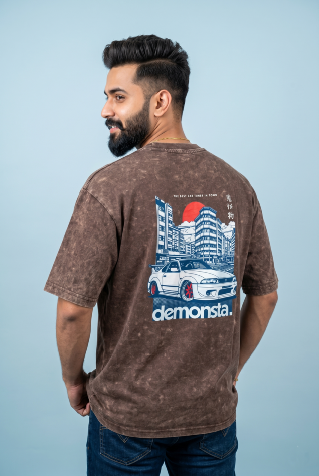 Round Neck - Drop shoulder | Acid Washed | Cars Print