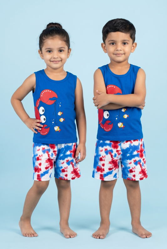 Story Kids | Unisex Sleeveless T-shirt and Shorts | Premium Quality | Blue (Crab)