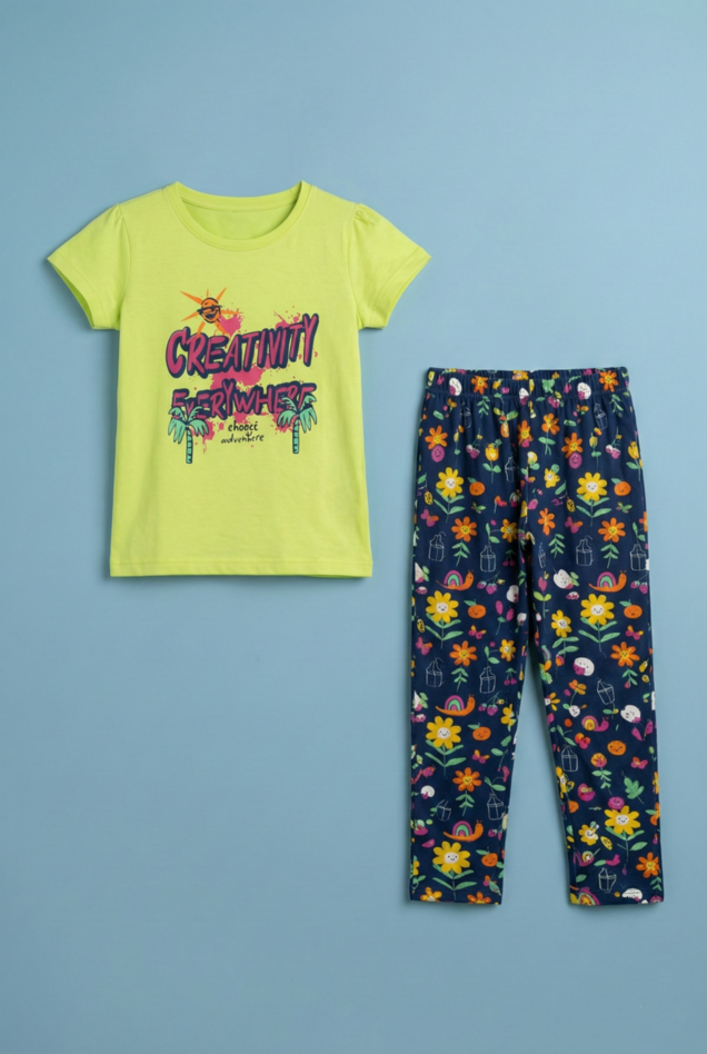 Story Kids | Girls T-shirt & Pant Set | Premium Quality | Lime Yellow