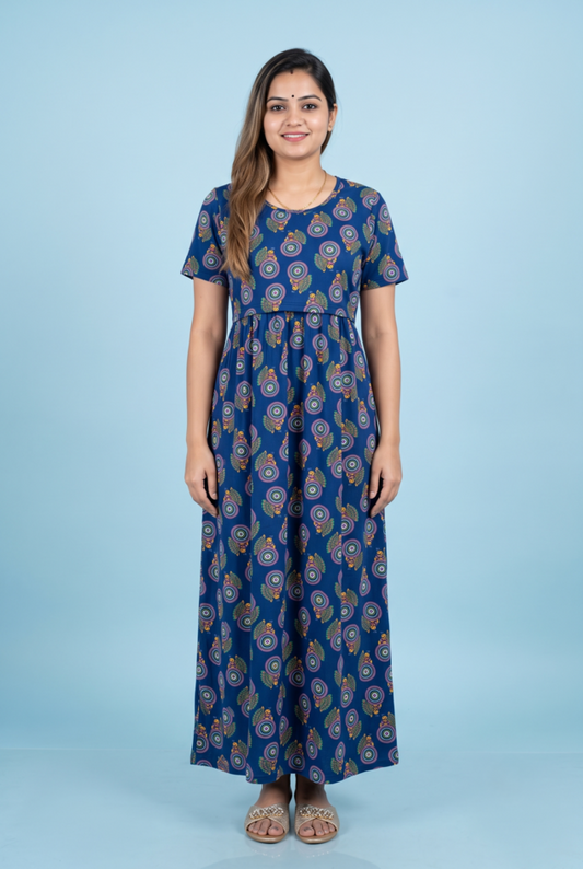 Zipless Feeding Maxi | Normal sleeve | Rangoli Peacock Print | Navy Blue