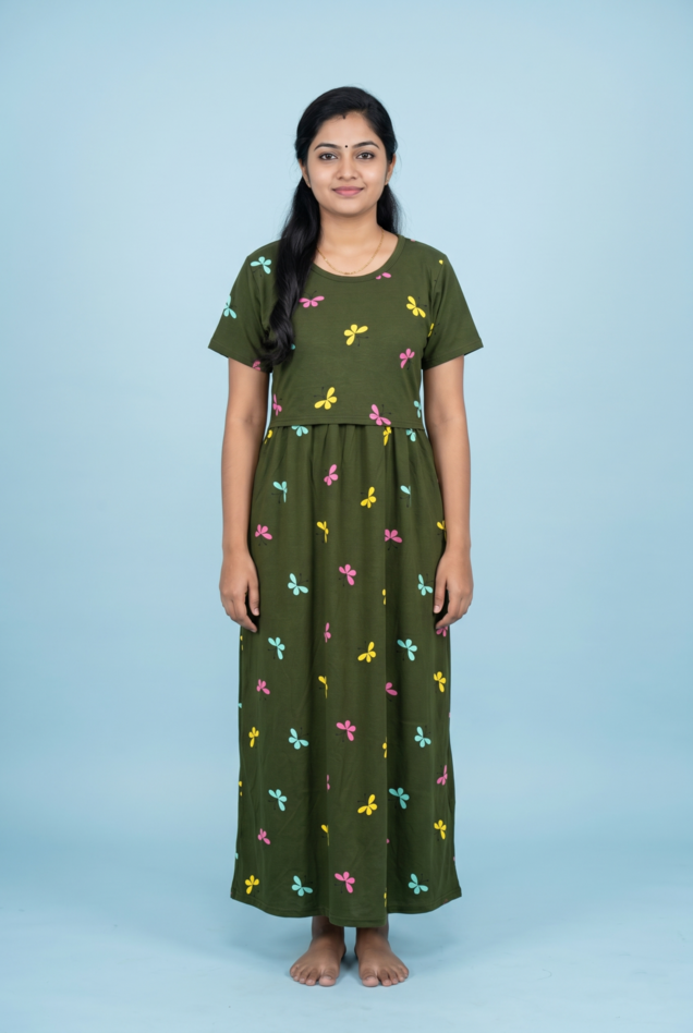 Zipless Feeding Maxi | Normal sleeve | Butterfly Print | Olive green