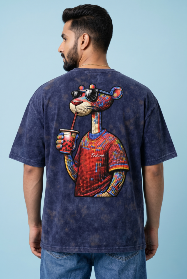 Round Neck - Drop shoulder | Acid Washed | Cool Panther Print