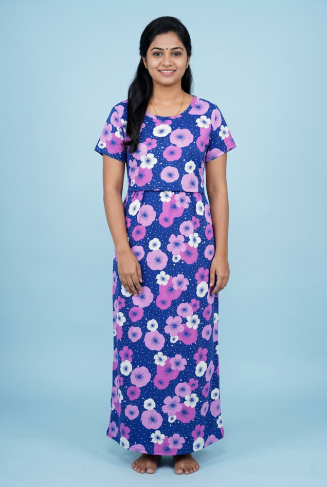 Zipless Feeding Maxi | Normal sleeve | Big Flower Print | Royal Blue