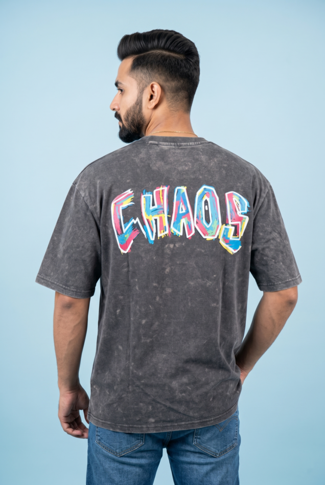 Round Neck - Drop shoulder | Acid Washed | Hand Printed "CHAOS"