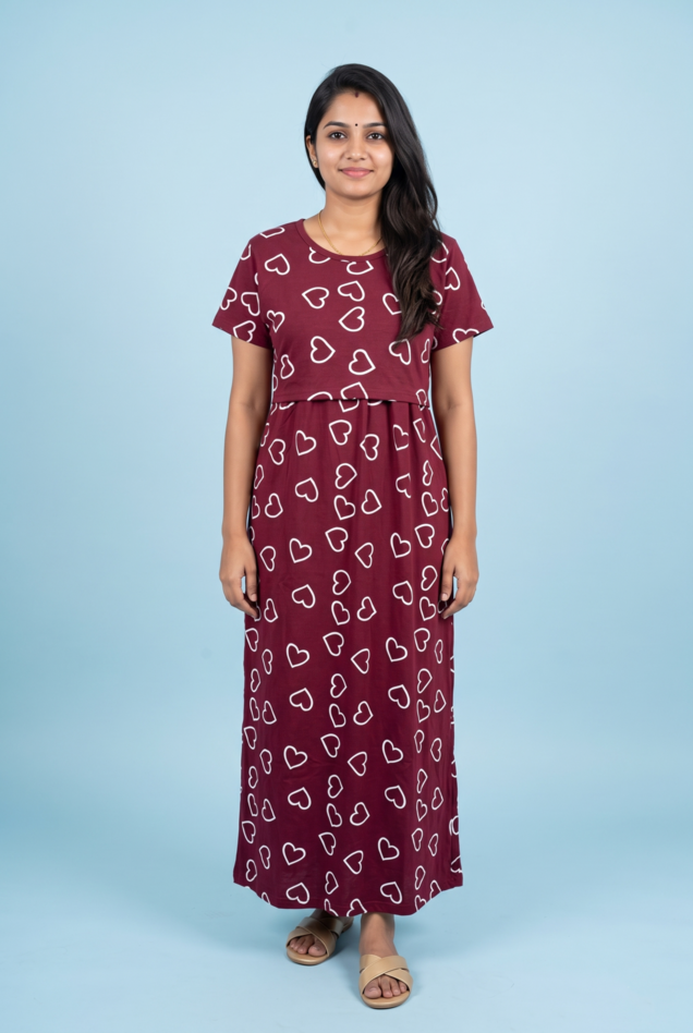 Zipless Feeding Maxi | Normal sleeve | Big Heart Print | Marron
