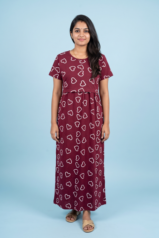 Zipless Feeding Maxi | Normal sleeve | Big Heart Print | Marron