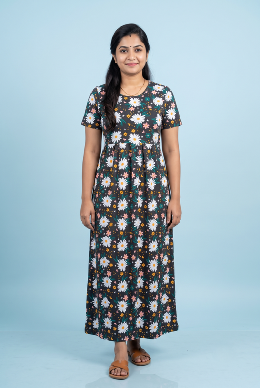Zipless Feeding Maxi | Normal sleeve | Flower Print | Black