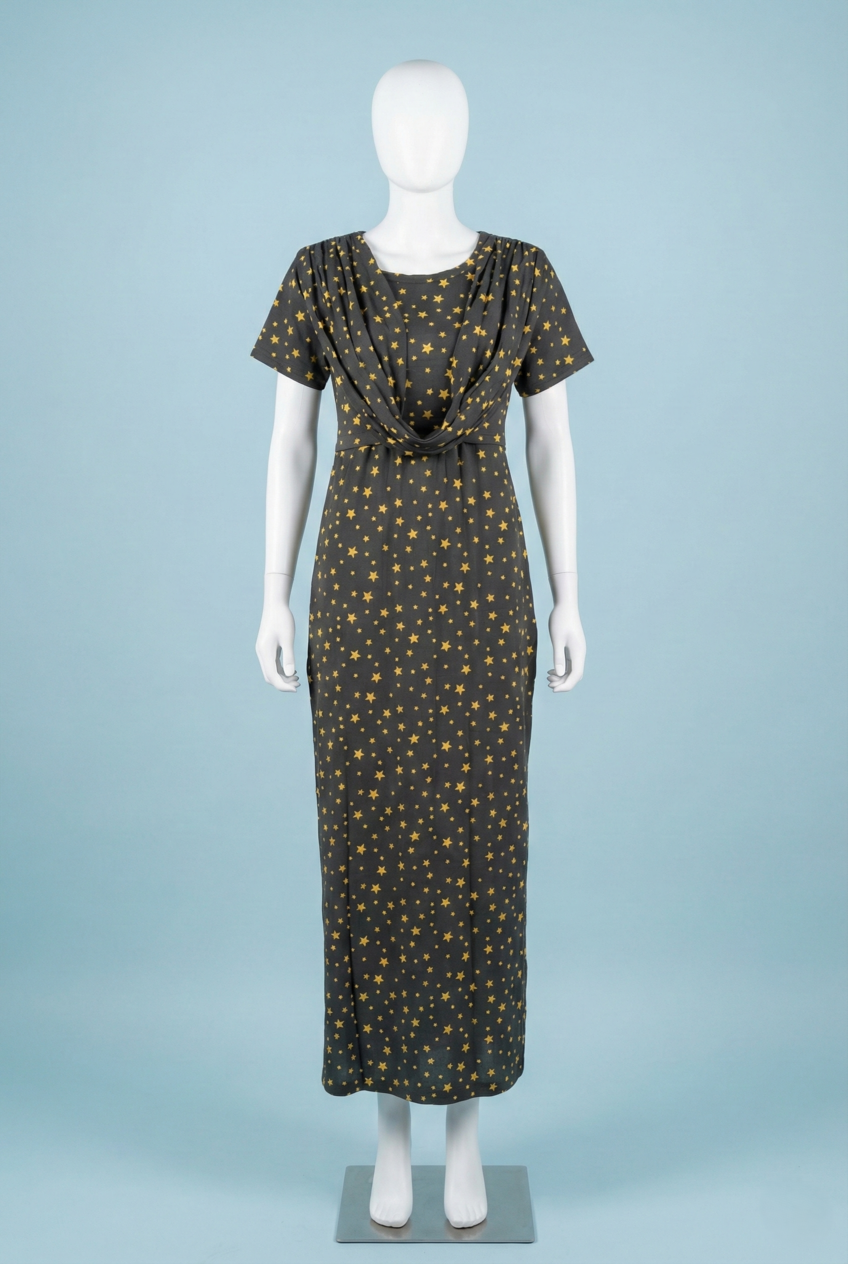 Zipless Shawl Type Feeding Maxi | Normal sleeve | Star Print | Charcoal Black