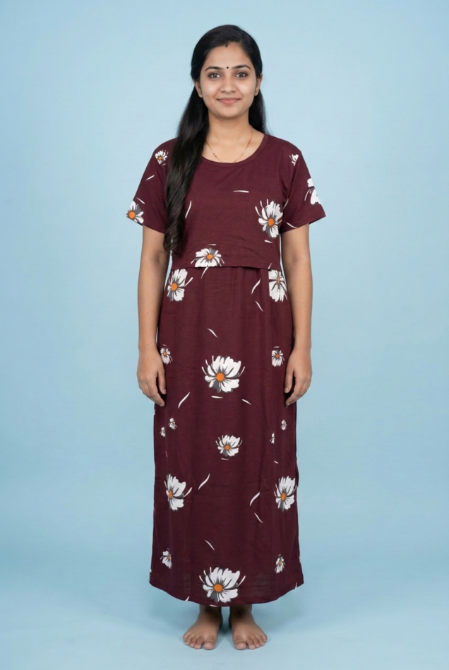 Zipless Feeding Maxi | Normal sleeve | Big Flower Print | Marron