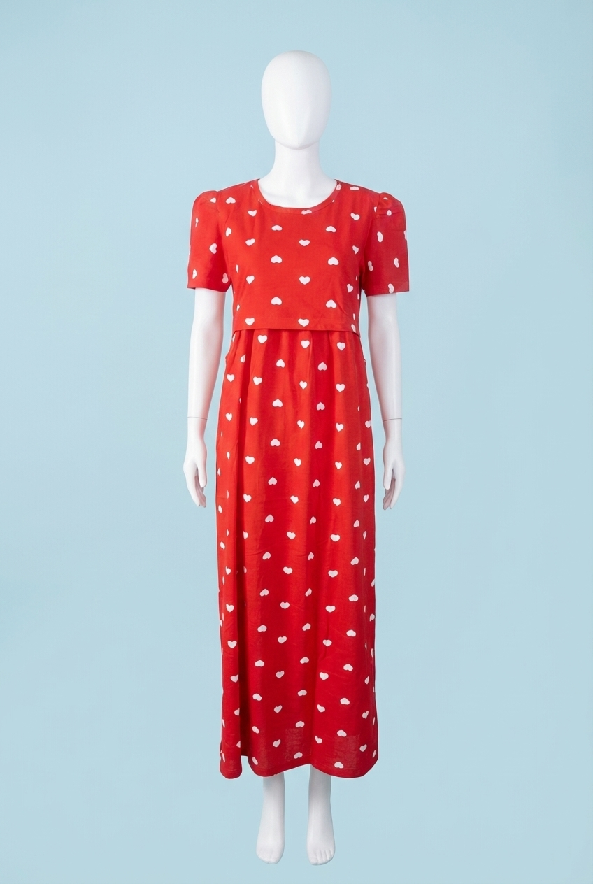 Zipless Feeding Maxi | Puff sleeve | Small Heart Print  | Red