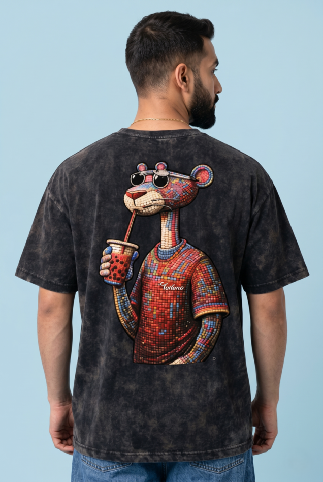 Round Neck - Drop shoulder | Acid Washed | Cool Panther Print