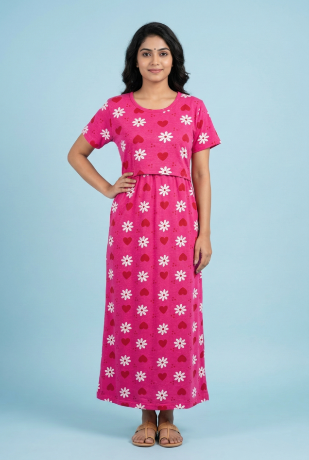 Zipless Feeding Maxi | Normal sleeve | Flower & heart Print | Pink