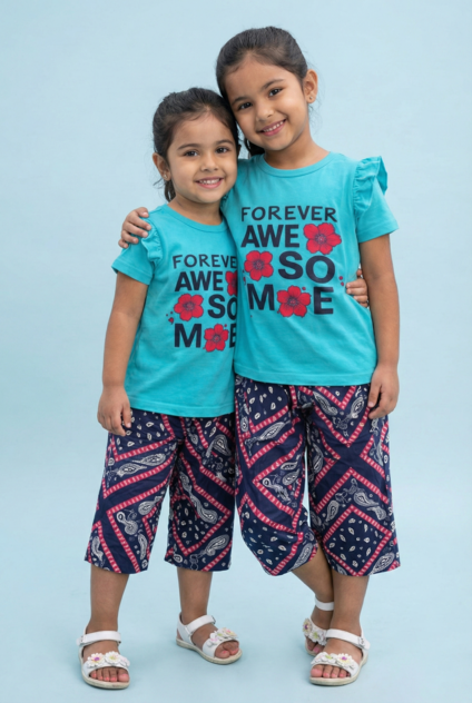 Story Kids| Girls Capri Set| Frill Sleeve | Blue