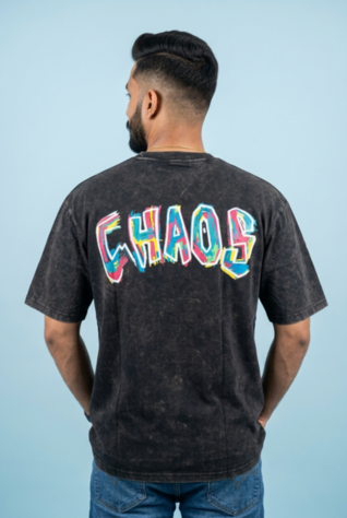 Round Neck - Drop shoulder | Acid Washed | Hand Printed "CHAOS"