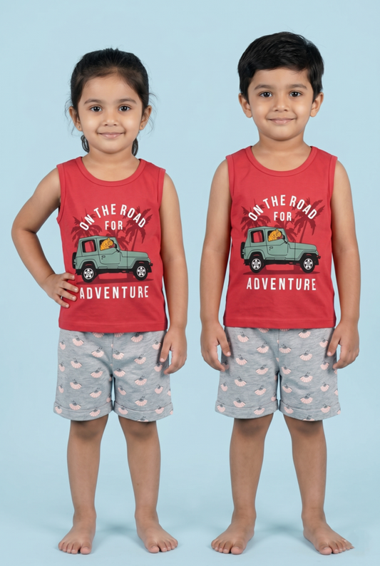 Story Kids | Unisex Sleeveless T-shirt and Shorts | Premium Quality | Red (Jeep)