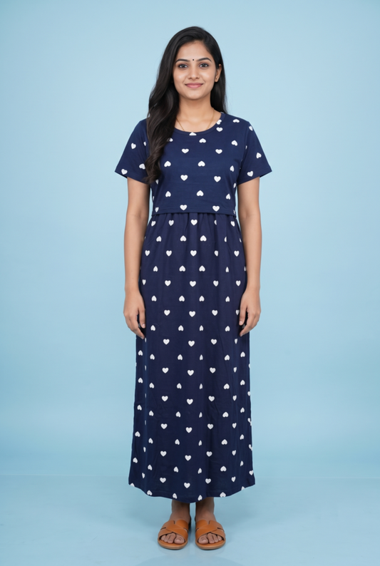 Zipless Feeding Maxi | Normal sleeve | Small Heart Print | Navy Blue