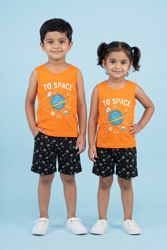 Story Kids | Unisex Sleeveless T-shirt and Shorts | Premium Quality | Orange (Space)