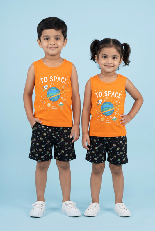 Story Kids | Unisex Sleeveless T-shirt and Shorts | Premium Quality | Orange (Space)