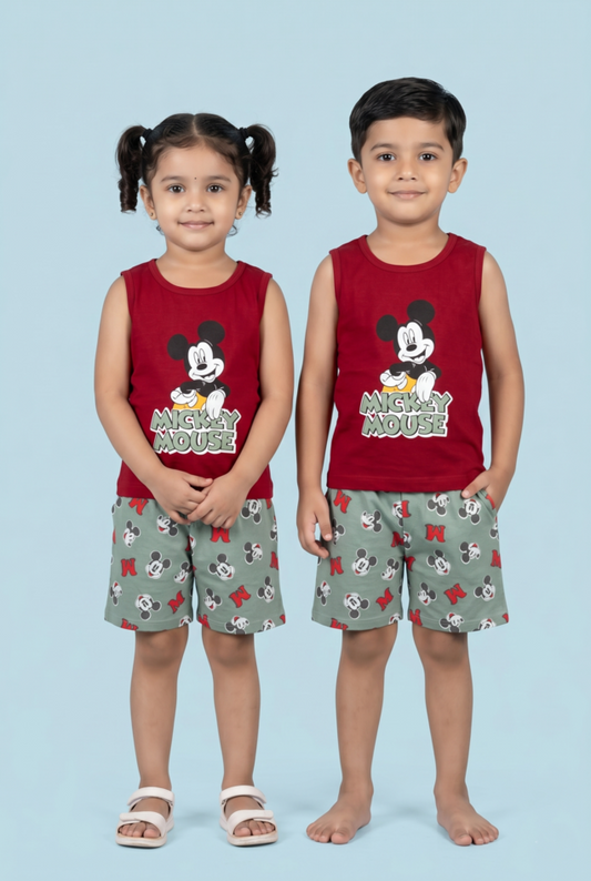 Story Kids | Unisex Sleeveless T-shirt and Shorts | Premium Quality | Red Micky