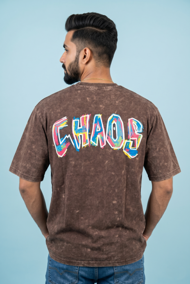 Round Neck - Drop shoulder | Acid Washed | Hand Printed "CHAOS"