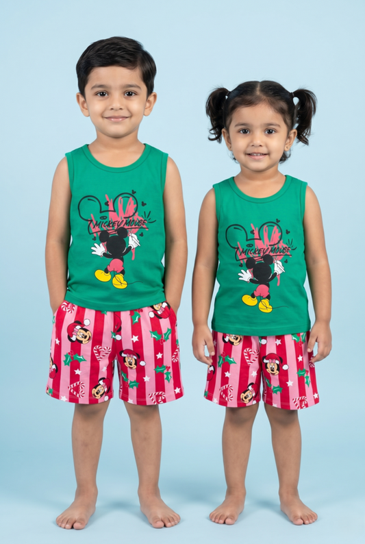 Story Kids | Unisex Sleeveless T-shirt and Shorts | Premium Quality | Green Micky