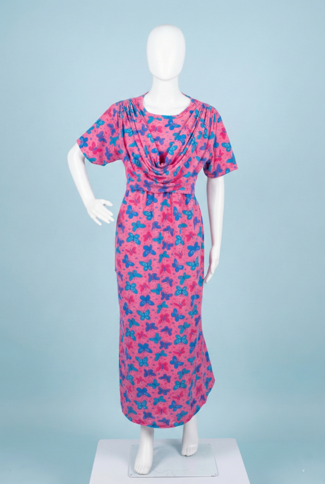 Zipless Shawl Type Feeding Maxi | Normal sleeve | Big Flower Print | Pink