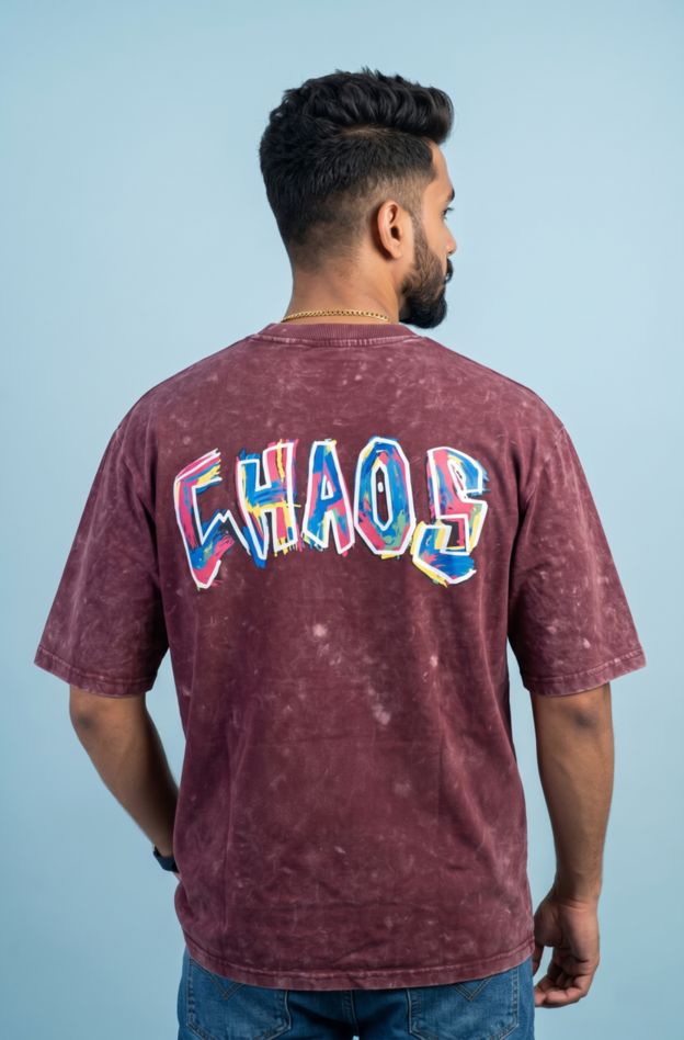 Round Neck - Drop shoulder | Acid Washed | Hand Printed "CHAOS"