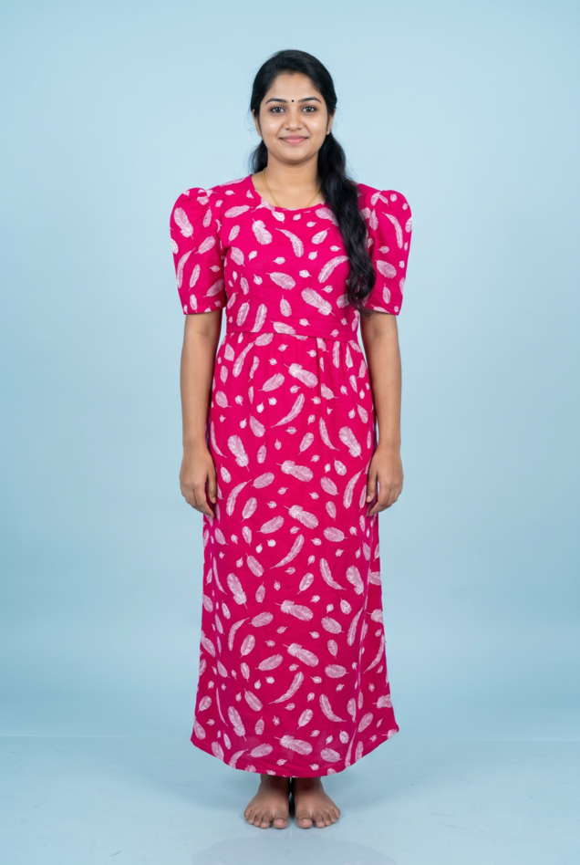 Feeding Maxi | Puff sleeve | Feather Print | Pink