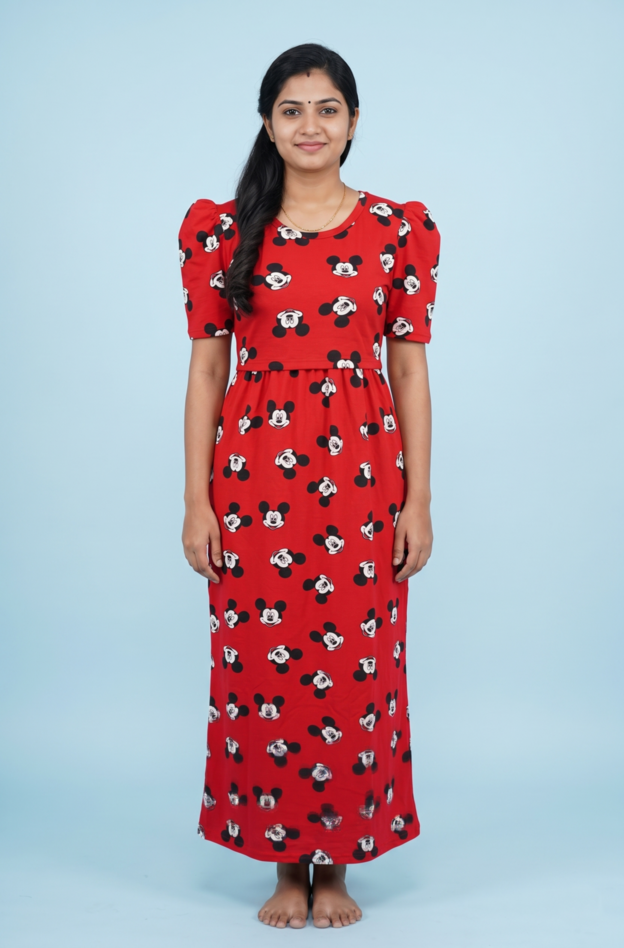 Feeding Maxi | Puff sleeve | Mickey Print | Red