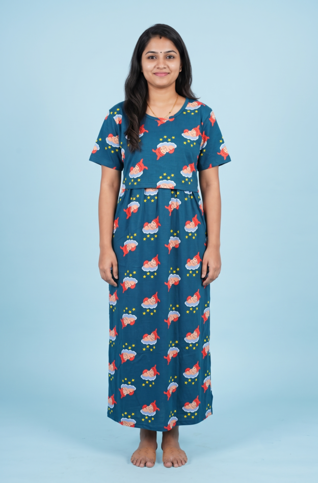 Zipless Feeding Maxi | Normal sleeve | Sleeping baby Print | Teal Blue