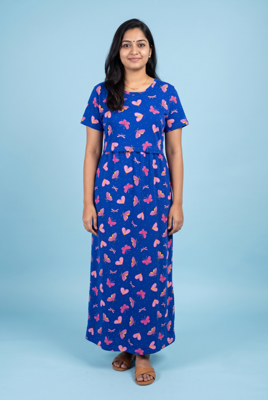 Zipless Feeding Maxi | Normal sleeve | Butterfly Print | Royal Blue