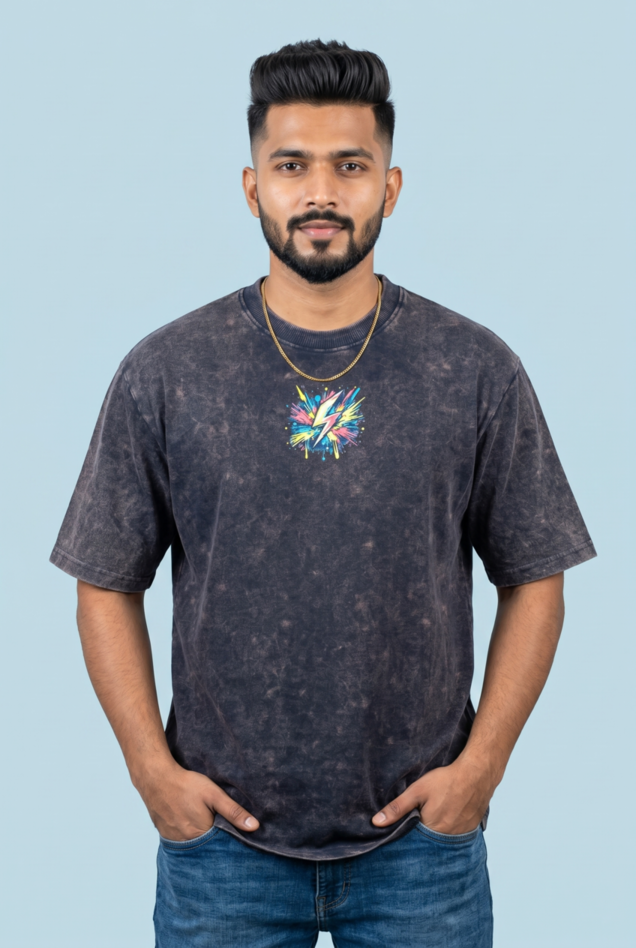Round Neck - Drop shoulder | Acid Washed | Hand Printed "CHAOS"