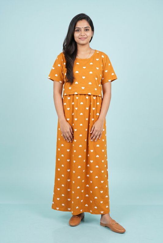 Zipless Feeding Maxi | Normal sleeve | Small Heart Print | Mustard Yellow